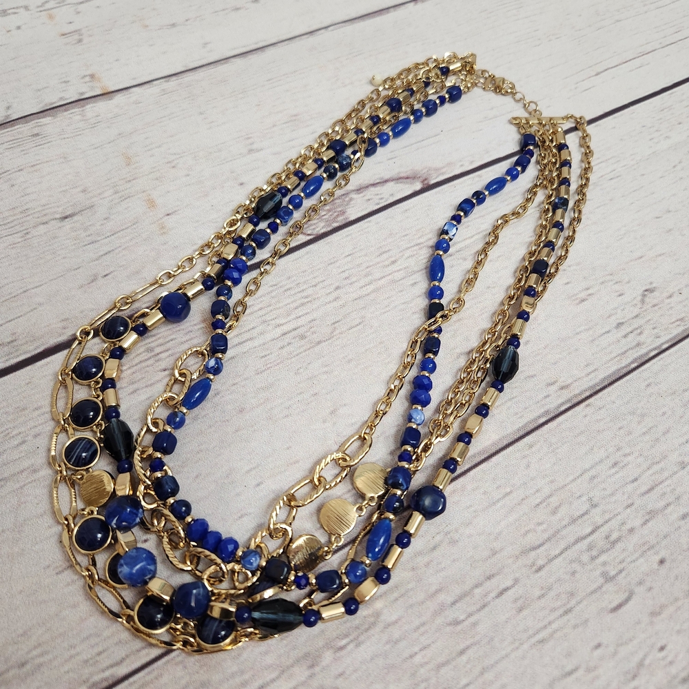 Multi-Strand Gold & Blue Beaded Necklace - Women Jewelry